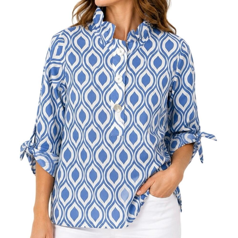 NEW NWOT Toofan Small Wearable Blue White Art Unique Artsy Blouse Shirt Top